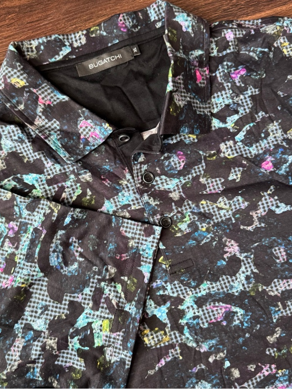 Bugatchi Polo Shirt Black Abstract  Short Sleeve Mercerized Cotton Stretch XL